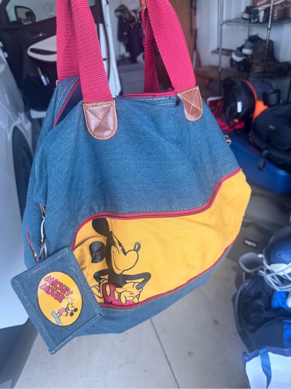 Disney Denim Tote Bag with Yellow Panel and Red Straps